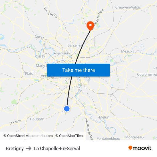 Brétigny to La Chapelle-En-Serval map