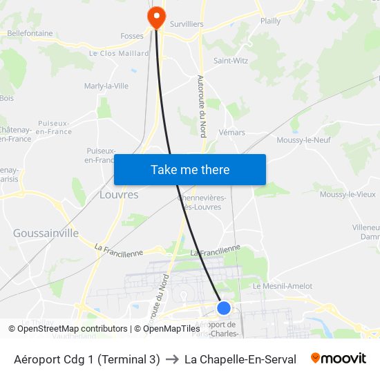 Aéroport Cdg 1 (Terminal 3) to La Chapelle-En-Serval map