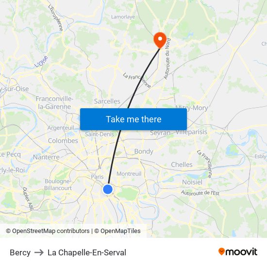 Bercy to La Chapelle-En-Serval map