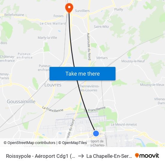 Roissypole - Aéroport Cdg1 (D3) to La Chapelle-En-Serval map