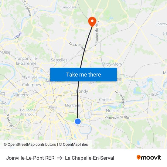 Joinville-Le-Pont RER to La Chapelle-En-Serval map