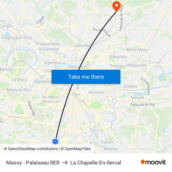 Massy - Palaiseau RER to La Chapelle-En-Serval map
