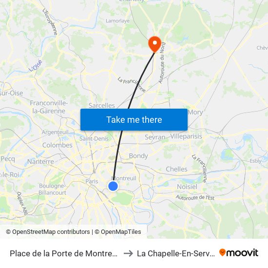 Place de la Porte de Montreuil to La Chapelle-En-Serval map