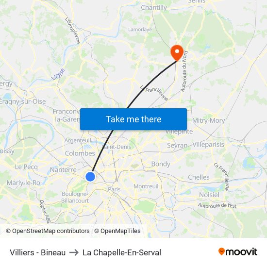 Villiers - Bineau to La Chapelle-En-Serval map