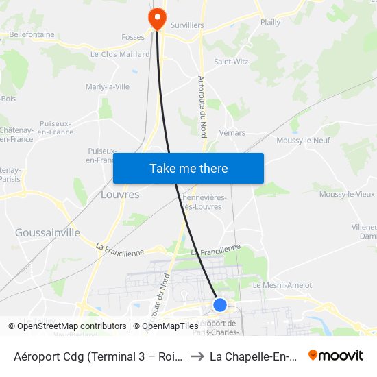 Aéroport Cdg (Terminal 3 – Roissypôle) to La Chapelle-En-Serval map