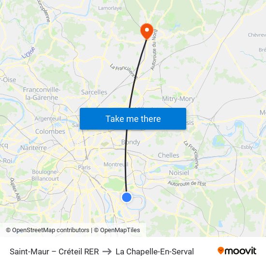 Saint-Maur – Créteil RER to La Chapelle-En-Serval map