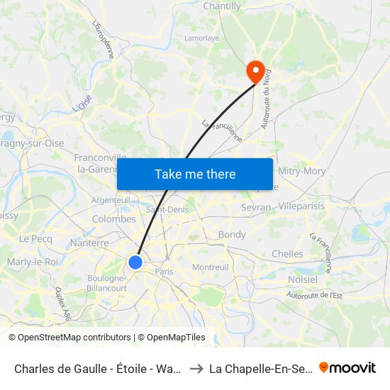 Charles de Gaulle - Étoile - Wagram to La Chapelle-En-Serval map