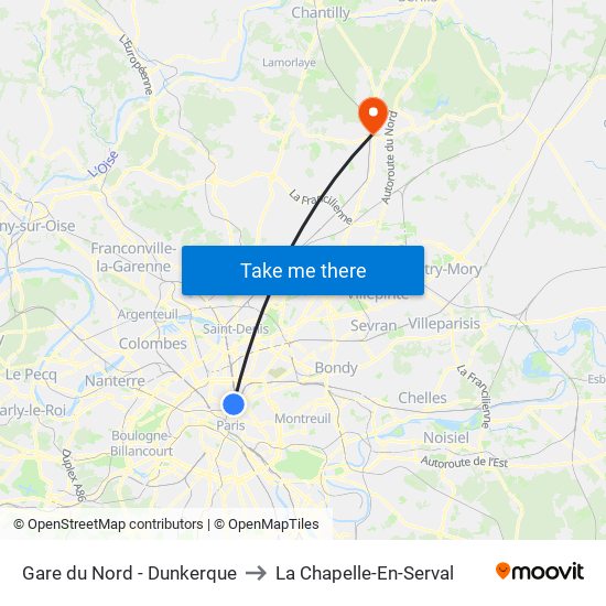 Gare du Nord - Dunkerque to La Chapelle-En-Serval map