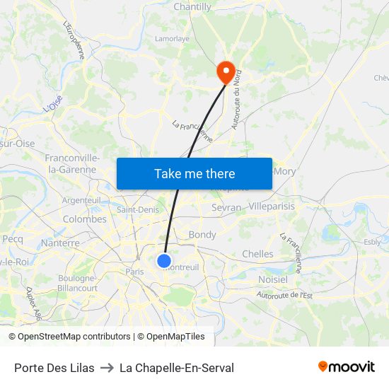 Porte Des Lilas to La Chapelle-En-Serval map