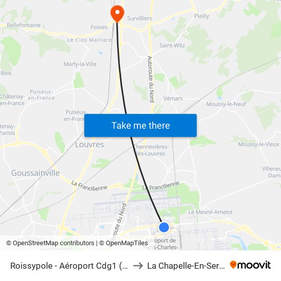 Roissypole - Aéroport Cdg1 (D1) to La Chapelle-En-Serval map