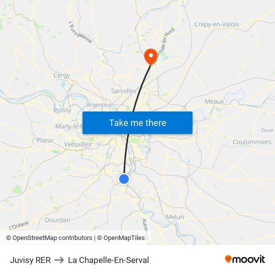 Juvisy RER to La Chapelle-En-Serval map