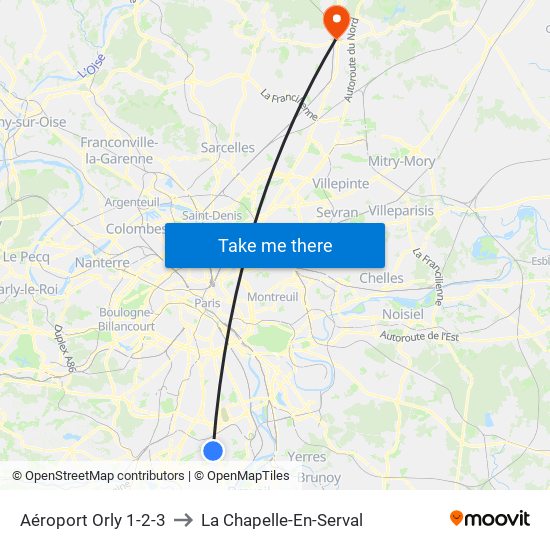 Aéroport Orly 1-2-3 to La Chapelle-En-Serval map