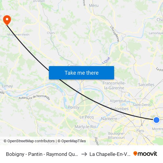 Bobigny - Pantin - Raymond Queneau to La Chapelle-En-Vexin map