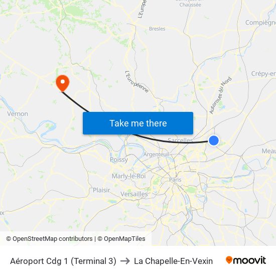 Aéroport Cdg 1 (Terminal 3) to La Chapelle-En-Vexin map