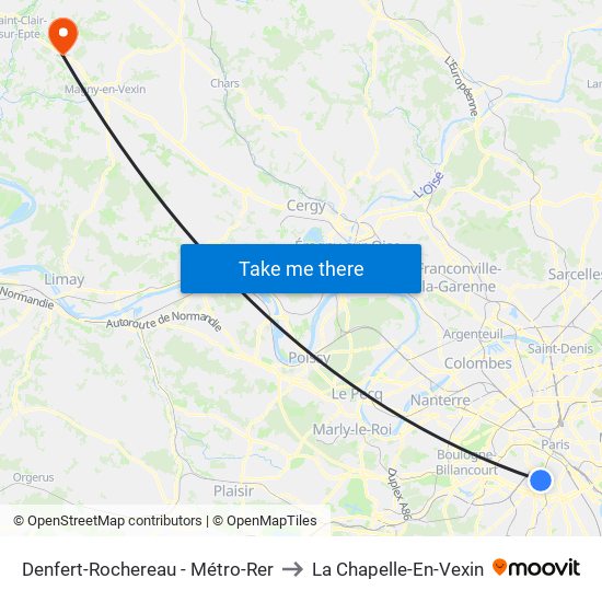 Denfert-Rochereau - Métro-Rer to La Chapelle-En-Vexin map
