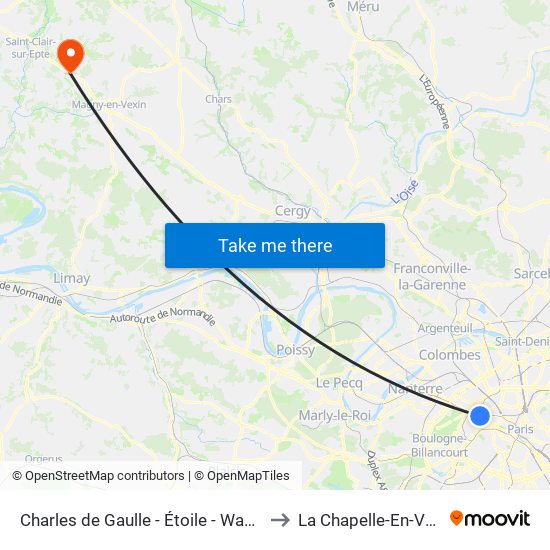 Charles de Gaulle - Étoile - Wagram to La Chapelle-En-Vexin map