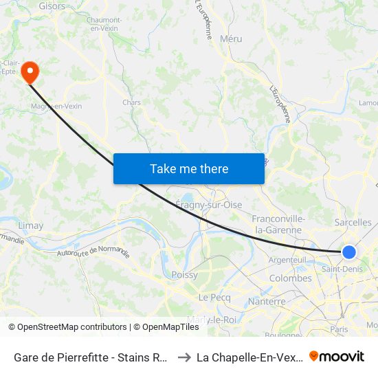 Gare de Pierrefitte - Stains RER to La Chapelle-En-Vexin map