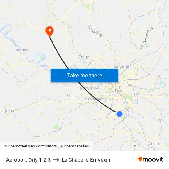 Aéroport Orly 1-2-3 to La Chapelle-En-Vexin map