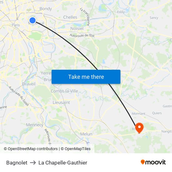 Bagnolet to La Chapelle-Gauthier map