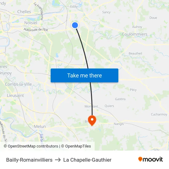 Bailly-Romainvilliers to La Chapelle-Gauthier map