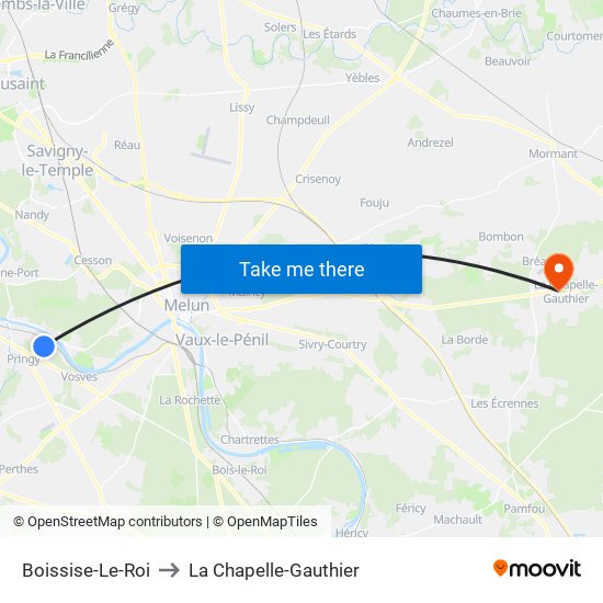 Boissise-Le-Roi to La Chapelle-Gauthier map