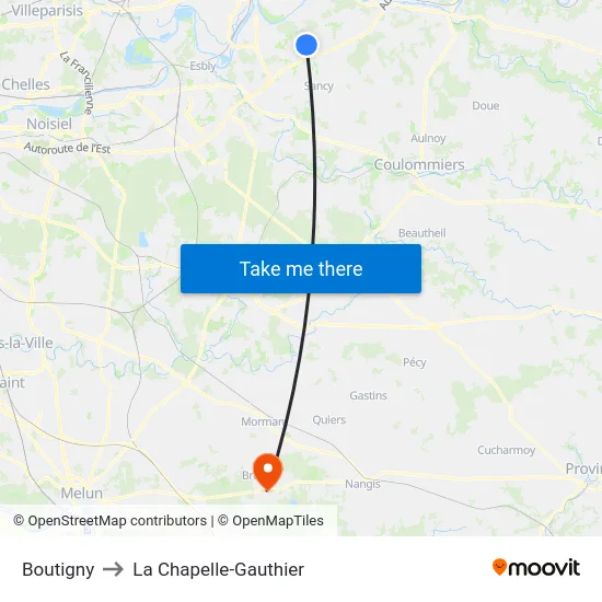 Boutigny to La Chapelle-Gauthier map