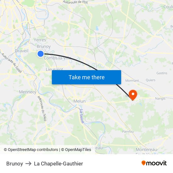 Brunoy to La Chapelle-Gauthier map