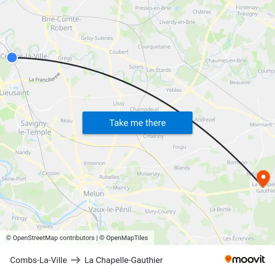 Combs-La-Ville to La Chapelle-Gauthier map
