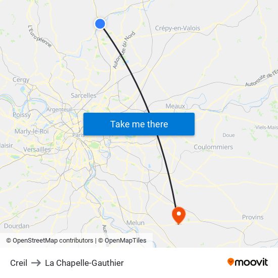 Creil to La Chapelle-Gauthier map