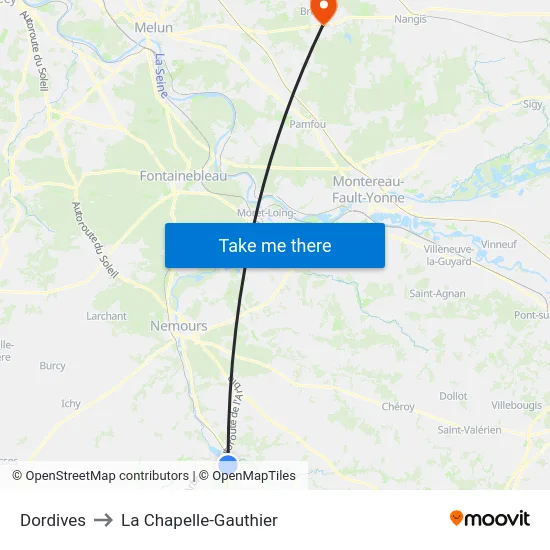 Dordives to La Chapelle-Gauthier map