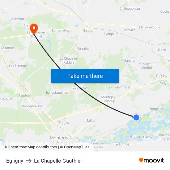 Egligny to La Chapelle-Gauthier map