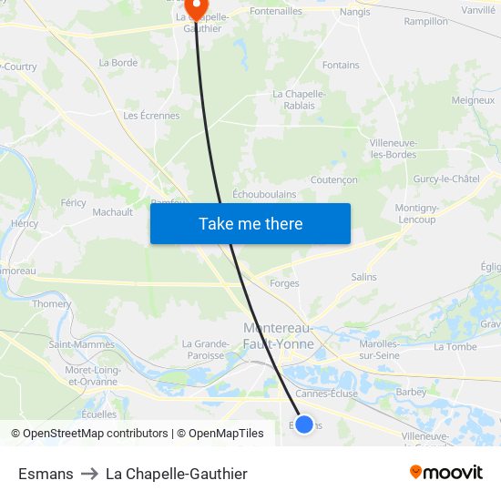 Esmans to La Chapelle-Gauthier map