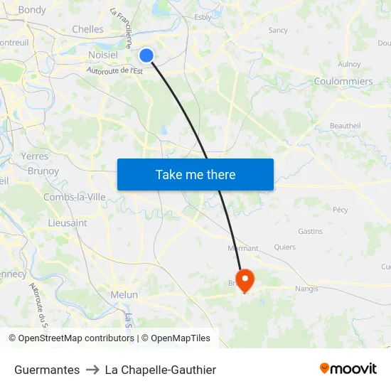Guermantes to La Chapelle-Gauthier map