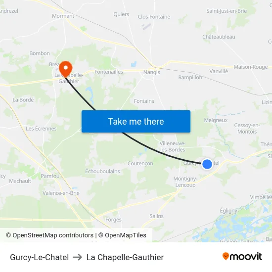 Gurcy-Le-Chatel to La Chapelle-Gauthier map