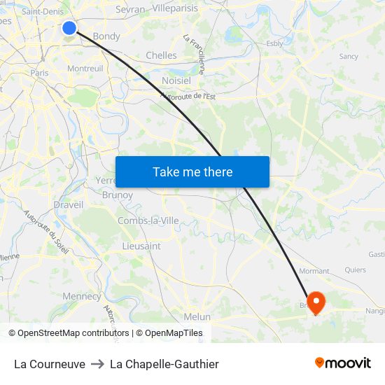 La Courneuve to La Chapelle-Gauthier map
