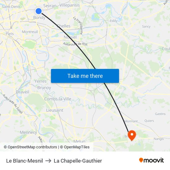 Le Blanc-Mesnil to La Chapelle-Gauthier map