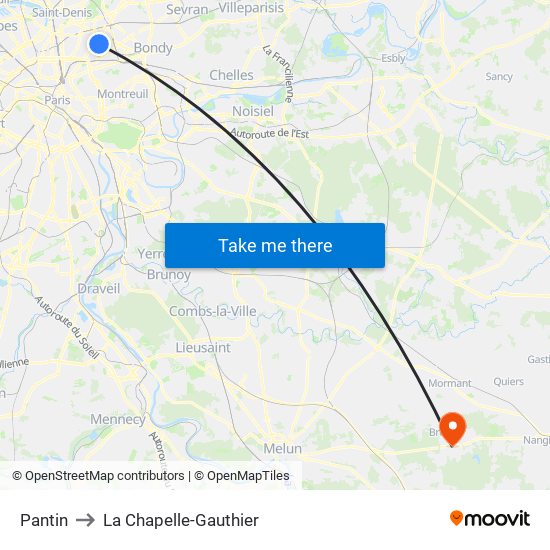 Pantin to La Chapelle-Gauthier map