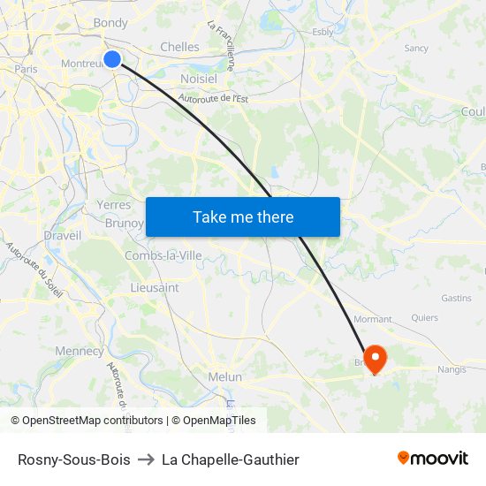 Rosny-Sous-Bois to La Chapelle-Gauthier map