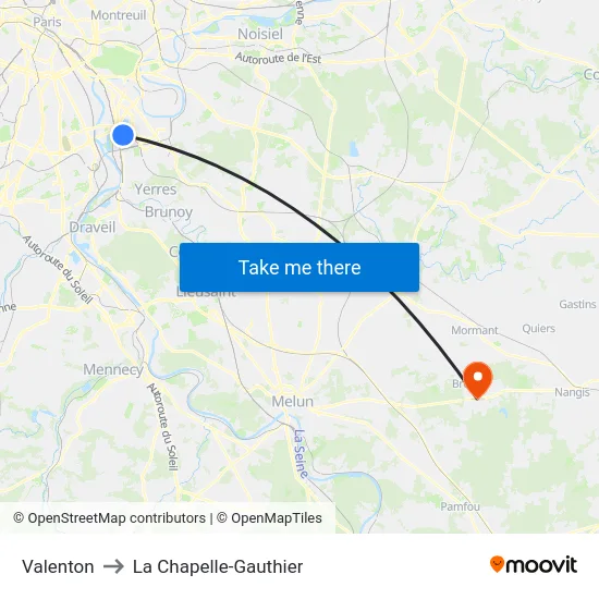 Valenton to La Chapelle-Gauthier map