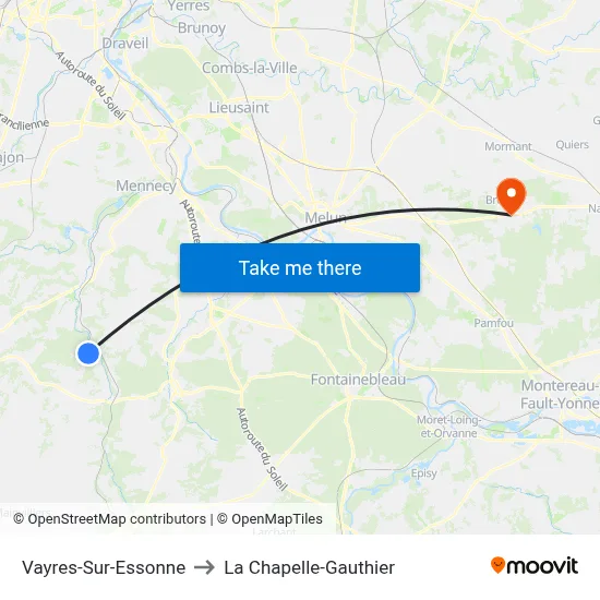 Vayres-Sur-Essonne to La Chapelle-Gauthier map