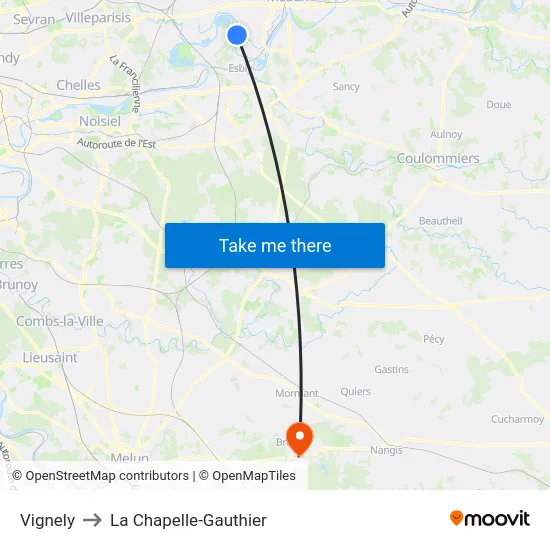 Vignely to La Chapelle-Gauthier map