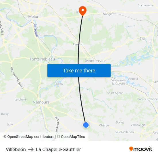 Villebeon to La Chapelle-Gauthier map