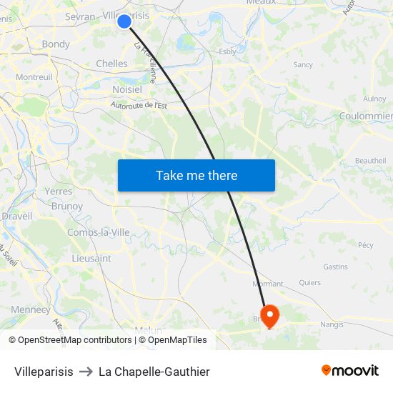 Villeparisis to La Chapelle-Gauthier map