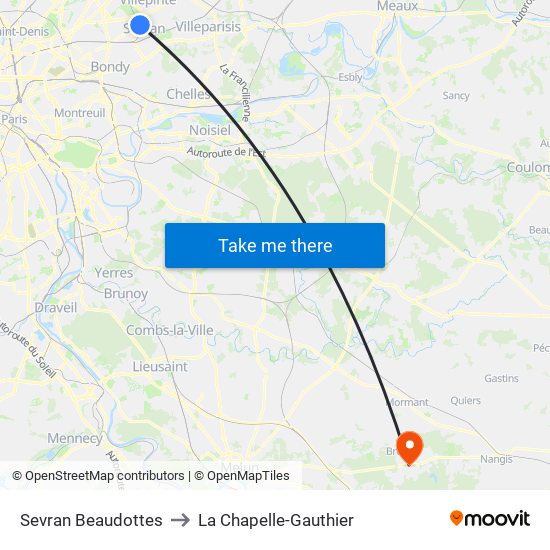 Sevran Beaudottes to La Chapelle-Gauthier map