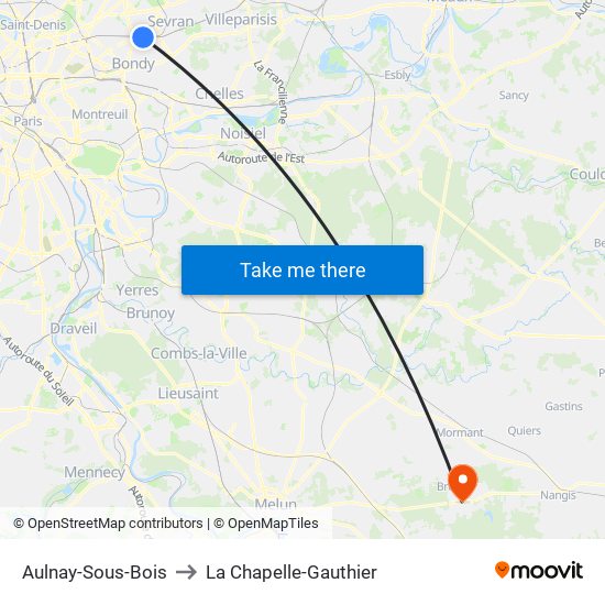 Aulnay-Sous-Bois to La Chapelle-Gauthier map