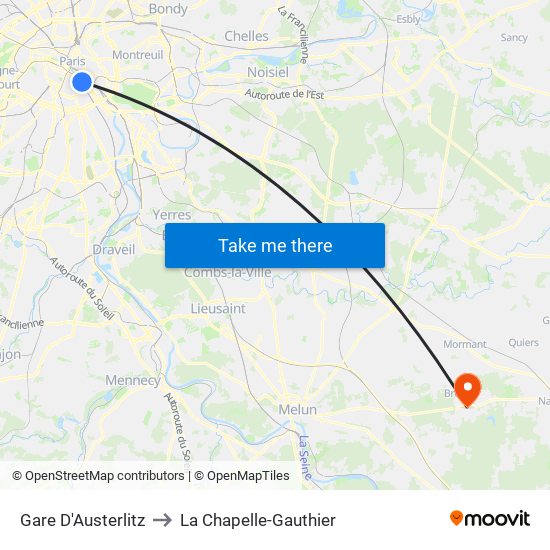 Gare D'Austerlitz to La Chapelle-Gauthier map