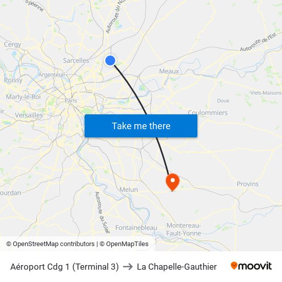Aéroport Cdg 1 (Terminal 3) to La Chapelle-Gauthier map