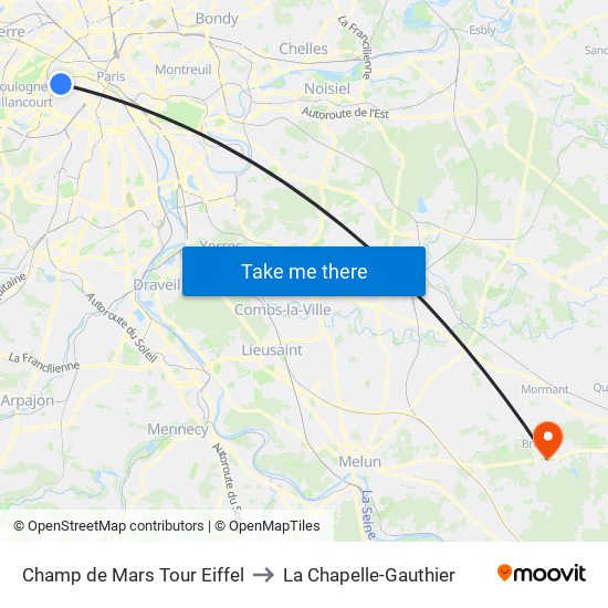 Champ de Mars Tour Eiffel to La Chapelle-Gauthier map