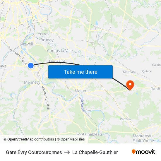Gare Évry Courcouronnes to La Chapelle-Gauthier map