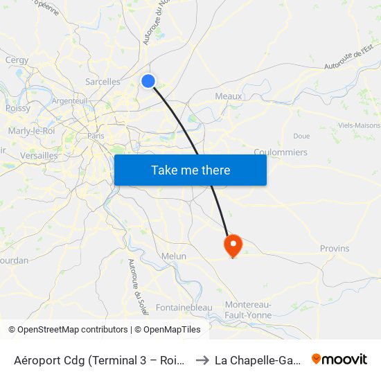 Aéroport Cdg (Terminal 3 – Roissypôle) to La Chapelle-Gauthier map